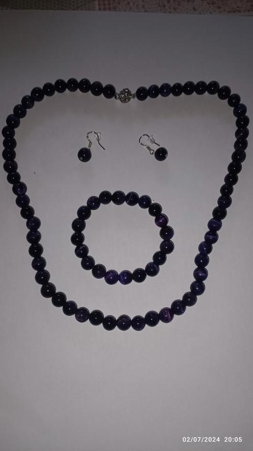 Set met paarse tijgerogen, Handtassen en Accessoires, Kettingen, Nieuw, Zilver, Paars, Ophalen of Verzenden