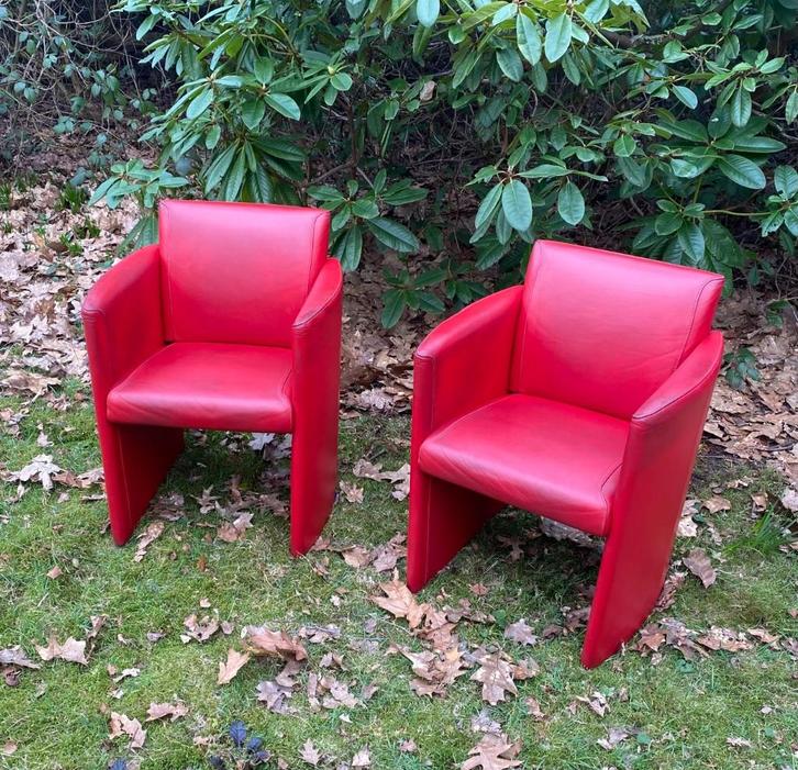 JORI: Club zetels in rood leer - 2 stuks, Huis en Inrichting, Fauteuils, Gebruikt, Leer, 50 tot 75 cm, 75 tot 100 cm, Ophalen