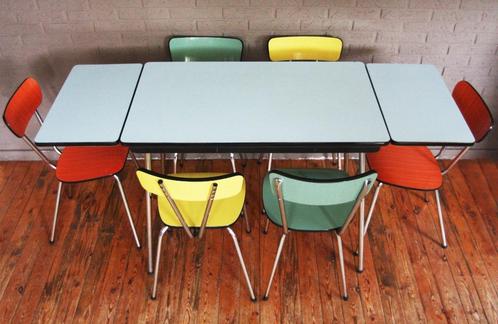 Lichtblauwe - Babyblauwe Verlengbare Formica Tafel / Jaren60, Huis en Inrichting, Tafels | Eettafels, Zo goed als nieuw, Vijf personen of meer