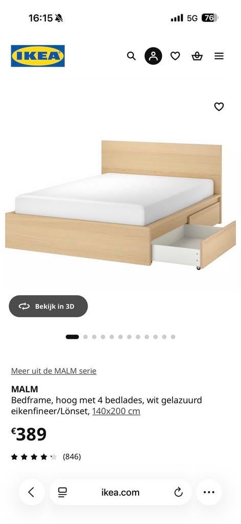 Bed Malm 160x200, Huis en Inrichting, Slaapkamer | Bedden, Ophalen, Zo goed als nieuw