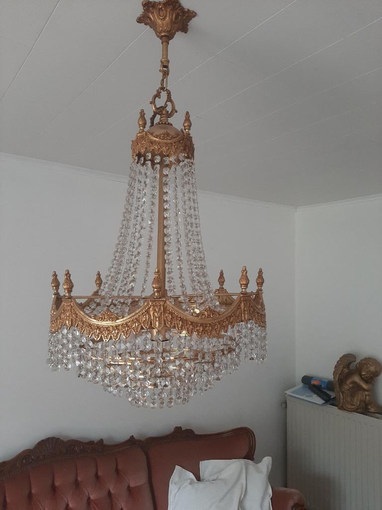 Kristallen kroonluchter  -  Brons, Maison & Meubles, Lampes | Lustres, Comme neuf, Autres matériaux, Enlèvement