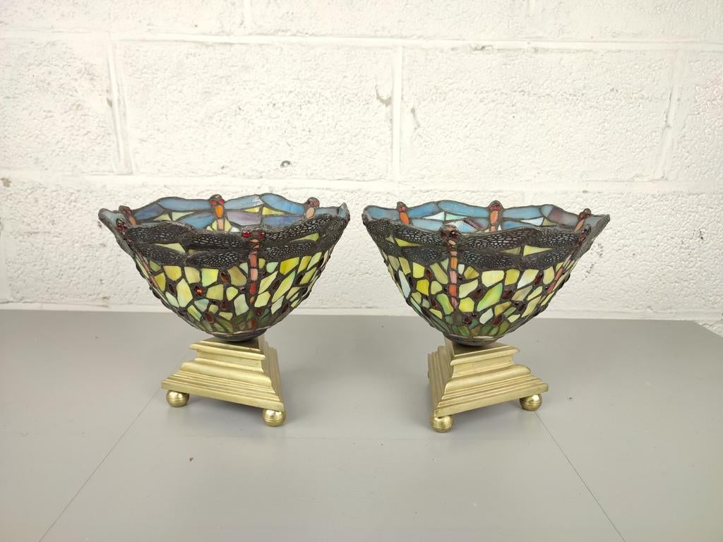 Duo Tiffany lampen op bronzen voeten, Ophalen of Verzenden
