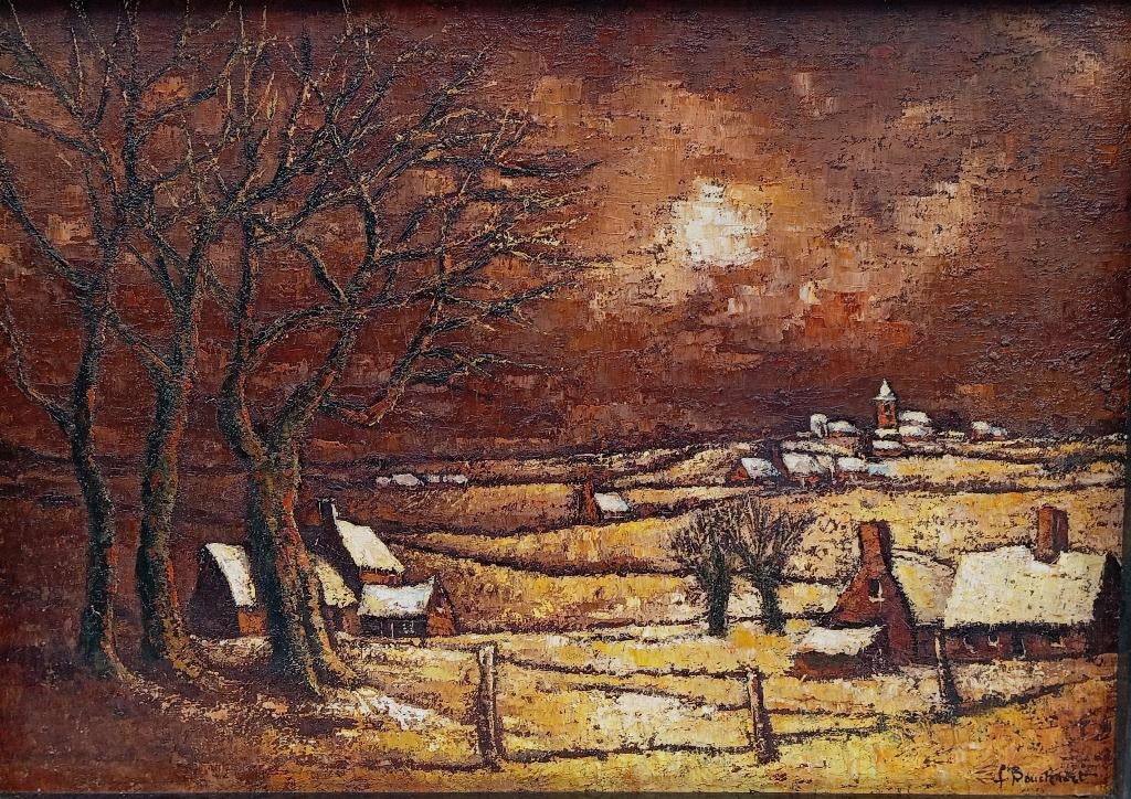 FERNAND BOUCKAERT groot schilderij sneeuwlandschap, Ophalen