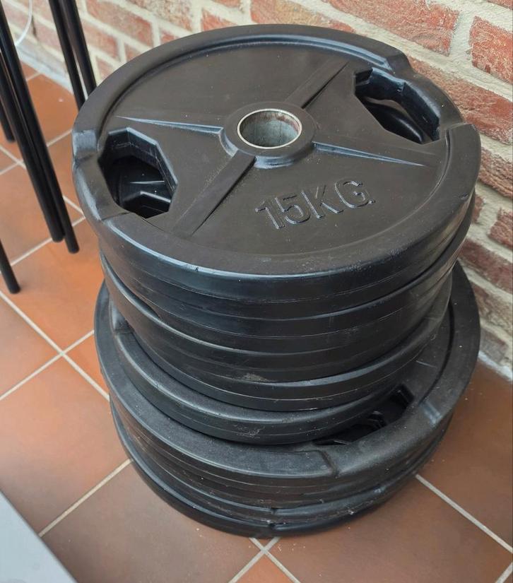 165 kg Olympische Rubberen Haltershijven in zeer goede staat, Sport en Fitness, Fitnessmaterialen, Gebruikt, Halterschijven, Armen