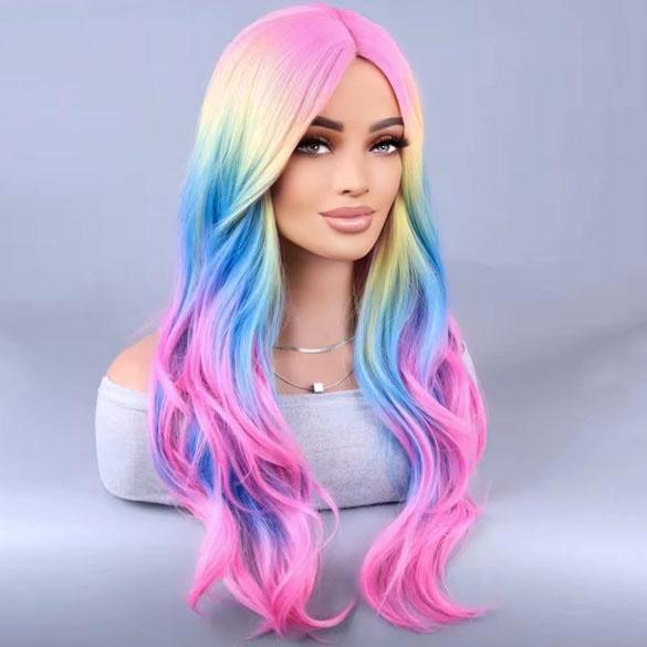 Carnaval sorbet kleuren pruik lang haar met slagen zonder po, Handtassen en Accessoires, Uiterlijk | Haarverzorging, Nieuw, Verzenden