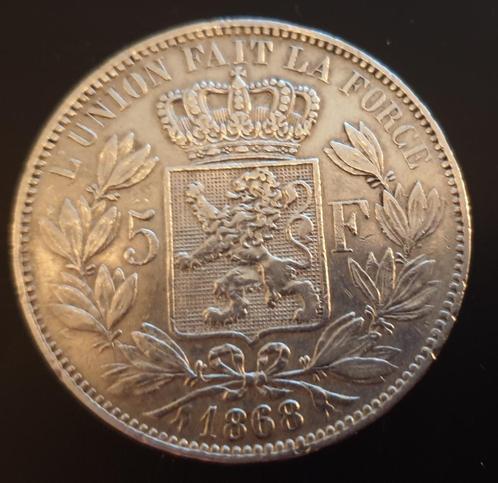 piece 5 francs belge - Léopold II 1868, Postzegels en Munten, Munten | Europa | Euromunten, België, Zilver, Ophalen of Verzenden