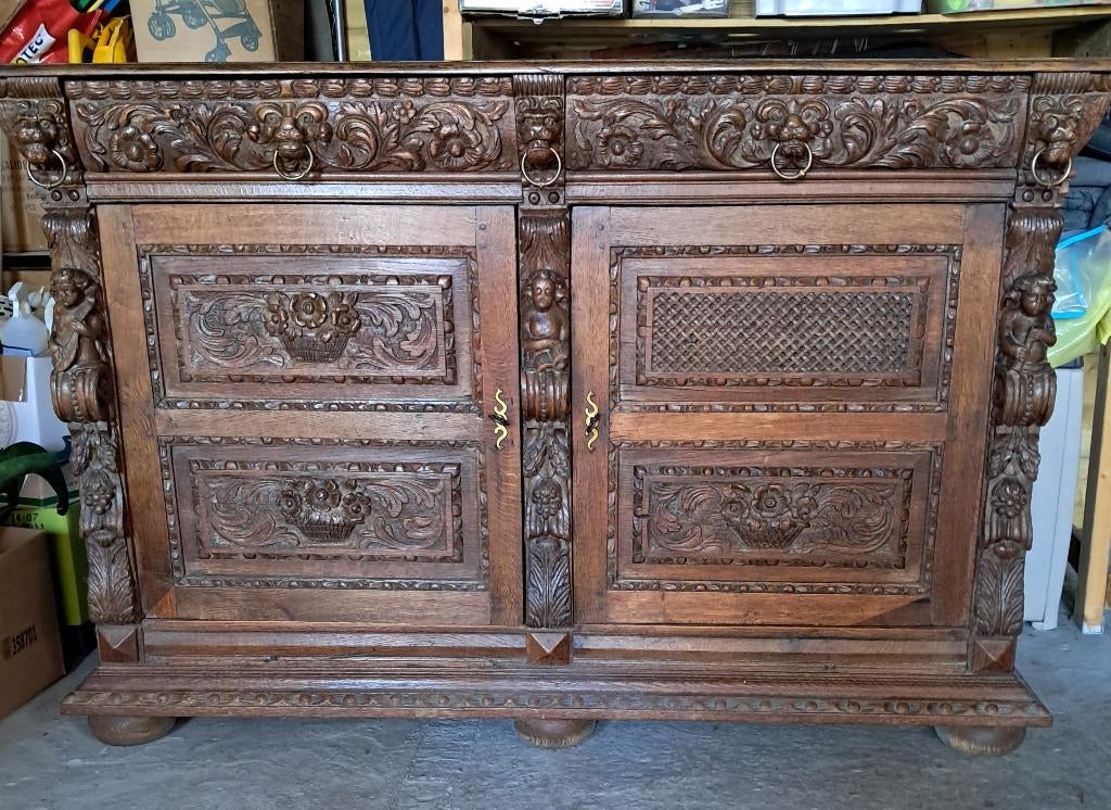 superbe buffet "tête de lion" en chêne, Maison & Meubles, Armoires | Dressoirs, Utilisé, 150 à 200 cm, 50 à 75 cm, Avec tiroir(s)
