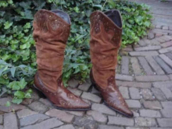 Gratis verzenden luxe bruine leren vintage westernlaarzen 38, Kleding | Dames, Schoenen, Zo goed als nieuw, Hoge laarzen, Overige kleuren