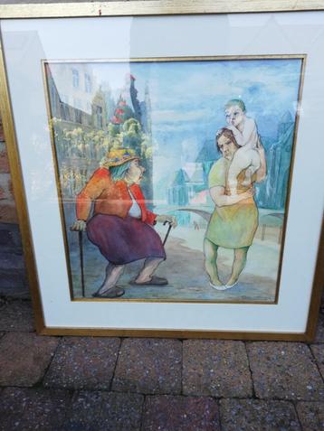 G. Langie:  '2 vrouwen met kind', aquarel, Gentse kunstenaar beschikbaar voor biedingen