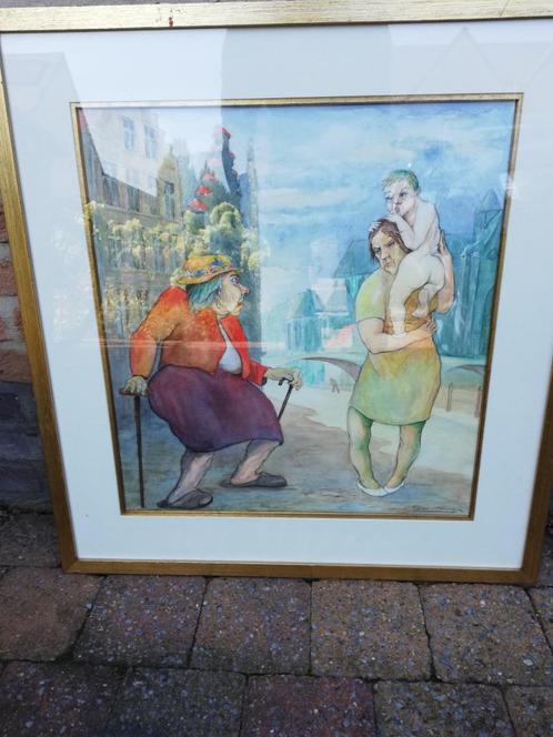 G. Langie:  '2 vrouwen met kind', aquarel, Gentse kunstenaar, Antiek en Kunst, Kunst | Schilderijen | Klassiek, Ophalen of Verzenden