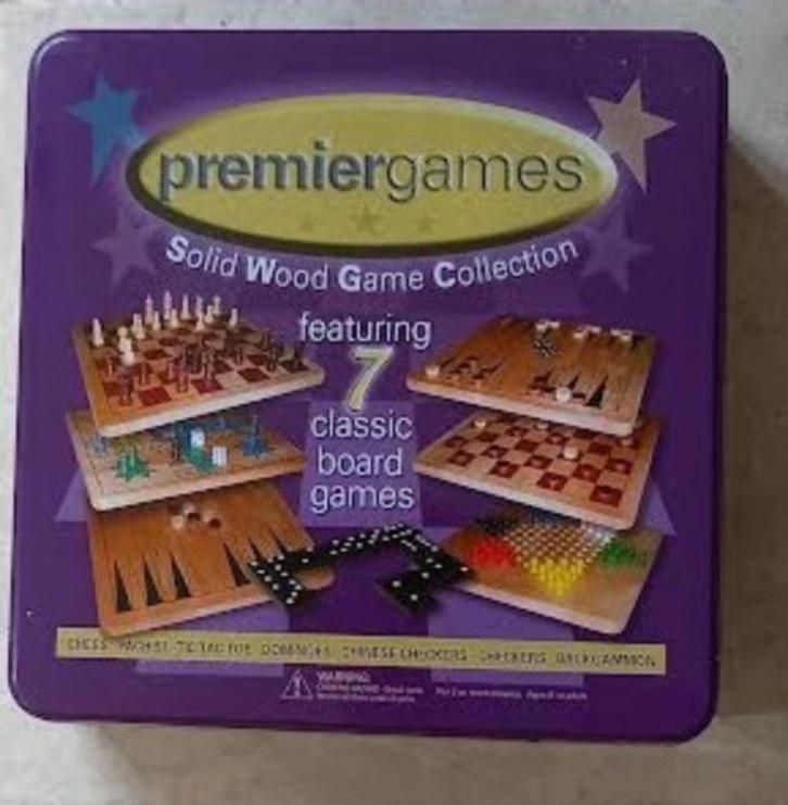 Houten spellen in blikken doos, Hobby en Vrije tijd, Gezelschapsspellen | Bordspellen, Zo goed als nieuw, Ophalen of Verzenden