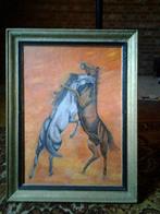 schilderij met paarden prima staat kader en doek is in prima, Maison & Meubles, Peinture, Enlèvement, Utilisé, 50 à 75 cm