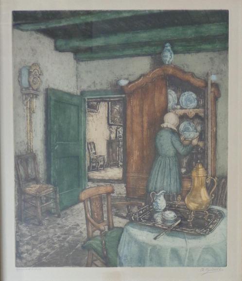 ALBERT GEUDENS / VROUW IN INTERIEUR / KLEURETS / 67x59cm KAD, Antiek en Kunst, Kunst | Litho's en Zeefdrukken, Ophalen of Verzenden
