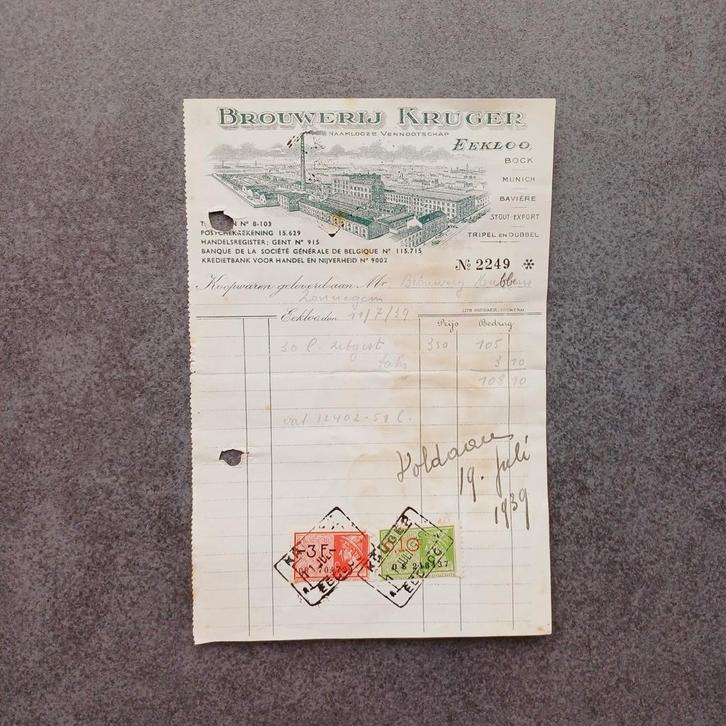 Oud document van de Krugerbrouwerij in Eekloo - 1939, Verzamelen, Merken en Reclamevoorwerpen, Gebruikt, Verpakking, Ophalen of Verzenden