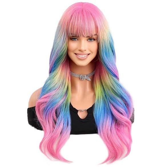 Carnaval sorbet kleuren pruik lang haar met slagen met pony, Handtassen en Accessoires, Uiterlijk | Haarverzorging, Nieuw, Verzenden
