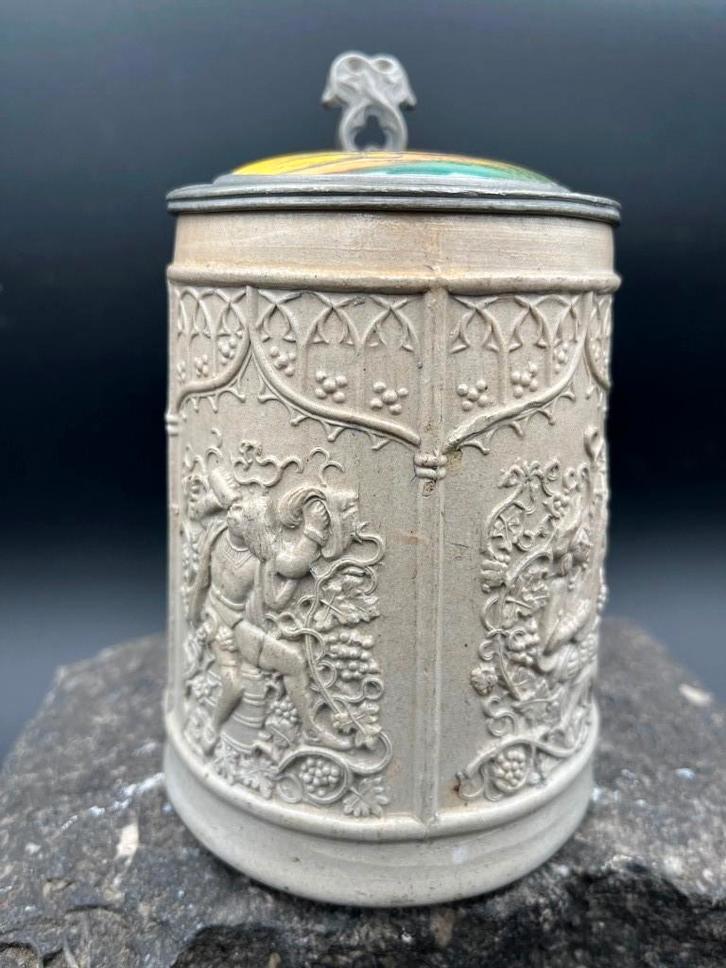 19e eeuwse Steengoed bierpul tinnen deksel porseleinen inleg, Antiek en Kunst, Curiosa en Brocante, Ophalen of Verzenden