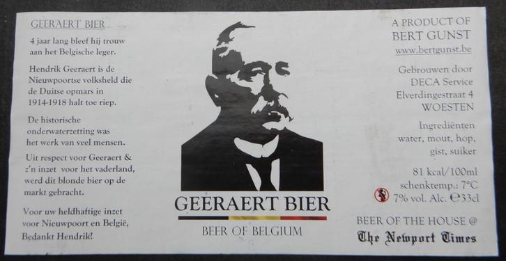 Bieretiket Geeraert Bier Brouwerij DECA Service  (11a1), Verzamelen, Biermerken, Gebruikt, Verzenden