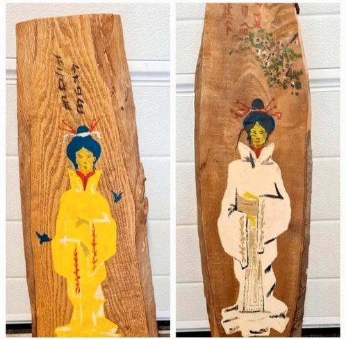 Vintage handgeschilderde boomschijven Aziatische dames, Antiek en Kunst, Kunst | Overige Kunst, Ophalen