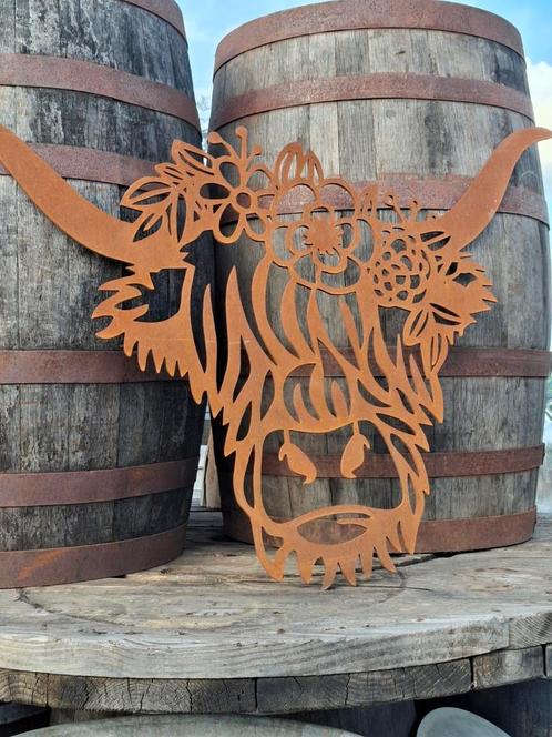 Schotse hooglander in cortenstaal!  97cm x 65cm x 0.5cm dik, Tuin en Terras, Tuinwanddecoratie, Zo goed als nieuw, Ophalen