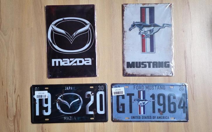 4 Metalen Reclameborden - Mazda (2x) & Mustang (2x), Verzamelen, Merken en Reclamevoorwerpen, Nieuw, Ophalen of Verzenden