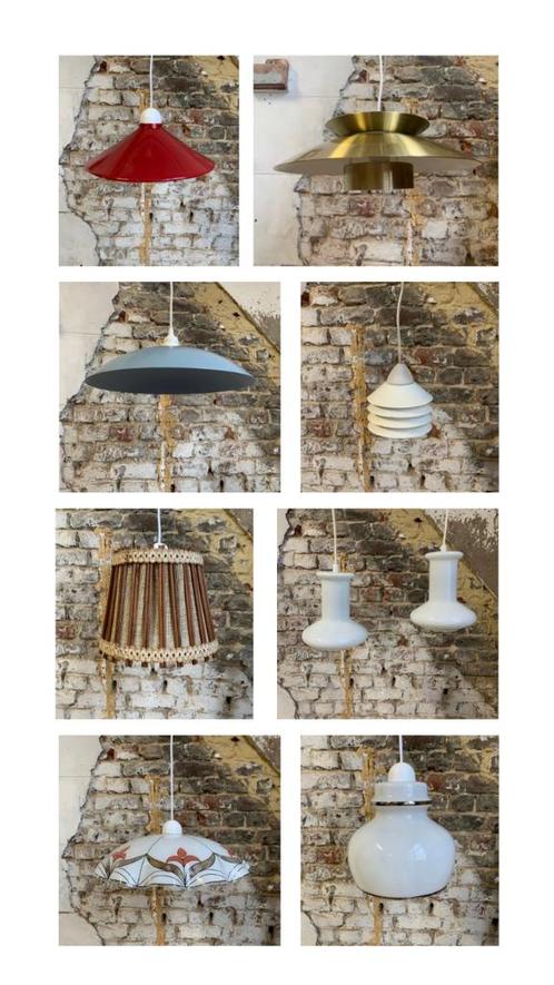 Vintage hanglamp, midden eeuw, Huis en Inrichting, Lampen | Hanglampen, Gebruikt, Minder dan 50 cm, Glas, Hout, Metaal, Ophalen