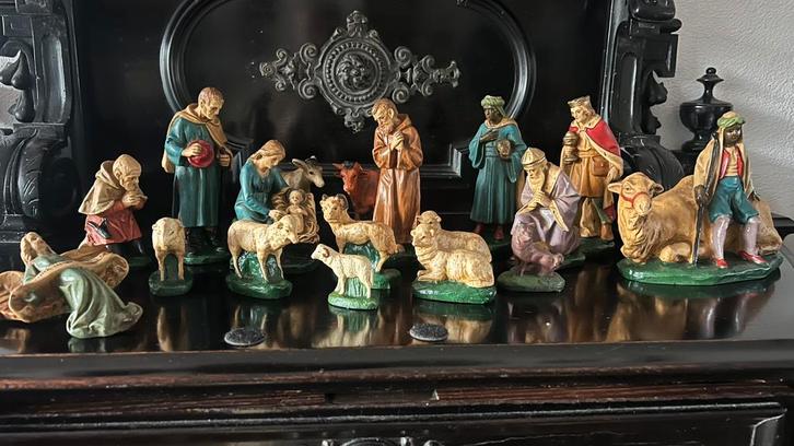 Antieke 17 delige gipsen kerstgroep 16,5 cm ink kameel+engel, Antiek en Kunst, Antiek | Overige Antiek, Ophalen of Verzenden