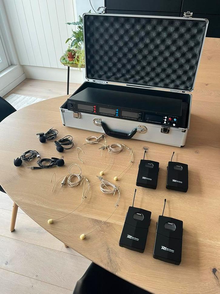 Draadloos microfoonsysteem 4 headsets + 4 dasspeld - NIEUW, Muziek en Instrumenten, Microfoons, Nieuw, Zangmicrofoon, Draadloos