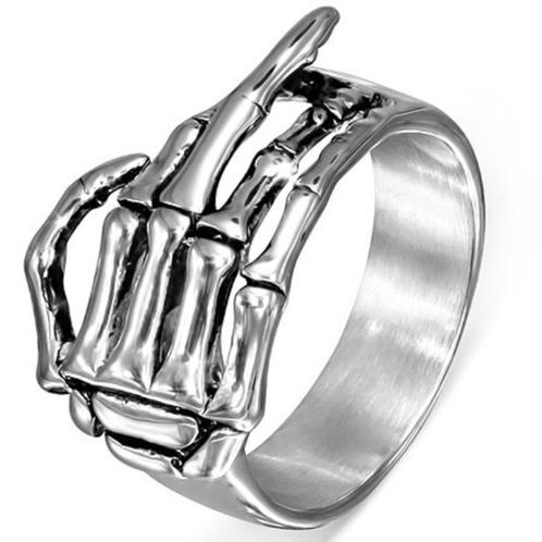 Stainless steel middelvinger "Fuck you" skeletring, Handtassen en Accessoires, Ringen, Nieuw, Heer, 20 of groter, Zilver, IJzer of Staal