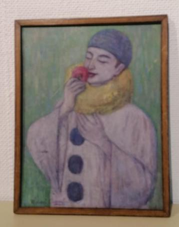 Pierrot met bloem - Schilderij op paneel - Gesigneerd beschikbaar voor biedingen