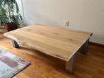 Eiken houten boomstamtafel salontafel met RVS onderstel, Huis en Inrichting, Tafels | Salontafels, Ophalen, 100 tot 150 cm, Eikenhout