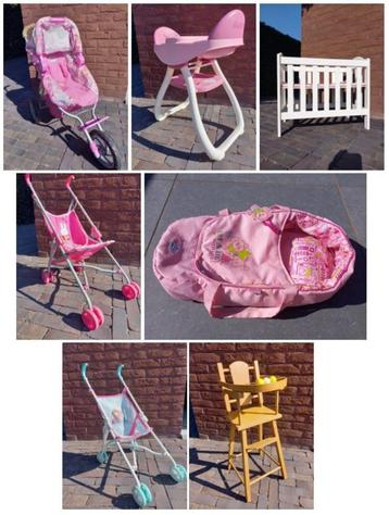 Lot: Poppenspullen: 3 x Buggy, bedje, draagzak, eetstoel, Enlèvement, Utilisé