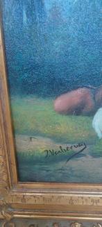 Oud olie schilderij op paneel geiten gesigneerd, Ophalen of Verzenden
