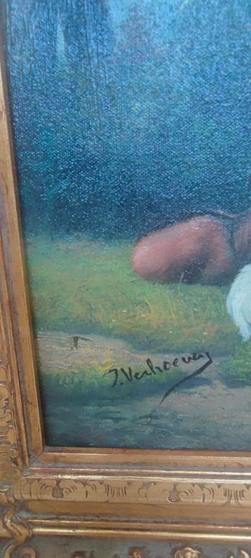 Oud olie schilderij op paneel geiten gesigneerd  beschikbaar voor biedingen
