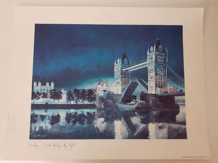Vintage print Tower Bridge by night van Thomas Benacci, Maison & Meubles, Accessoires pour la Maison | Peintures, Dessins & Photos