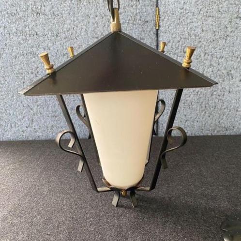 Vintage hanglamp plaatglas lantaarnlamp jaren 40 jaren 50, Huis en Inrichting, Lampen | Hanglampen, Gebruikt, 50 tot 75 cm, Glas