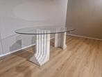 Travertine Eettafel- Vintage - Glas - Design - 70's, Huis en Inrichting, Travertine, eettafel, italiaans design, glas, marmer,