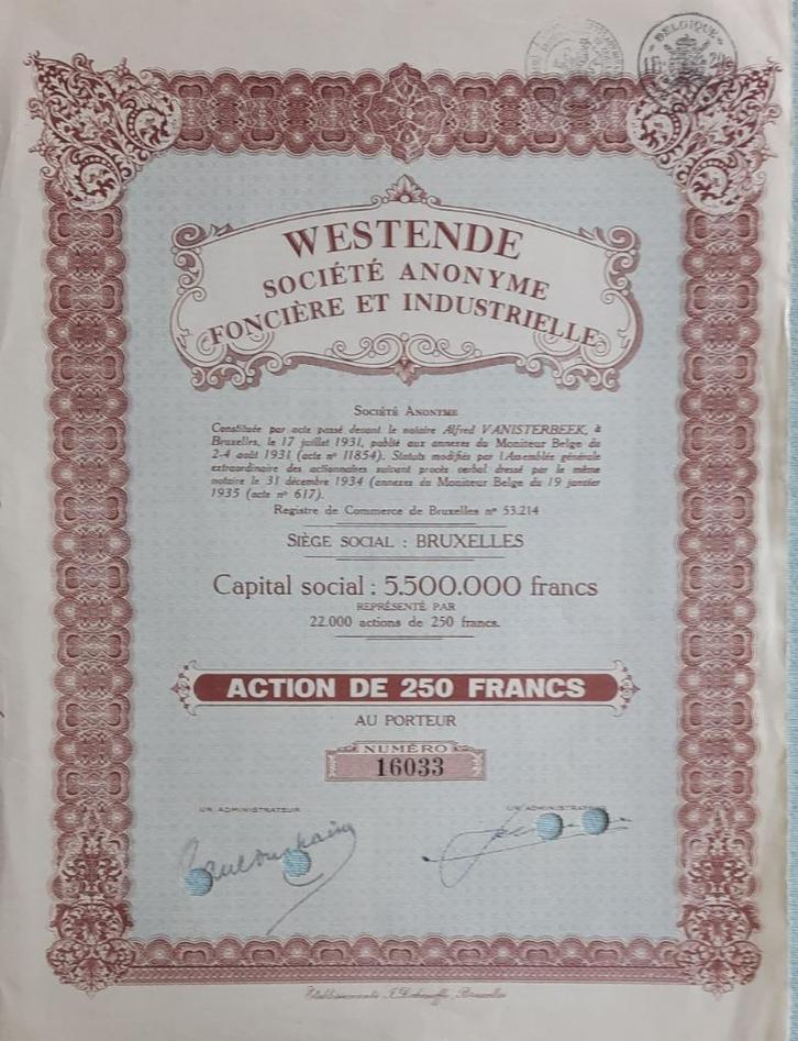 Westende - S.A.Foncière et Industrielle - Bruxelles - 1935, Postzegels en Munten, Aandelen en Waardepapieren, Aandeel, 1920 tot 1950