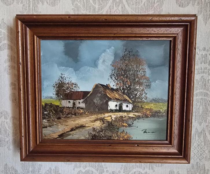 2 schilderijtjes op doek met boerderij aan water - Benson?, Antiek en Kunst, Kunst | Schilderijen | Klassiek, Ophalen of Verzenden