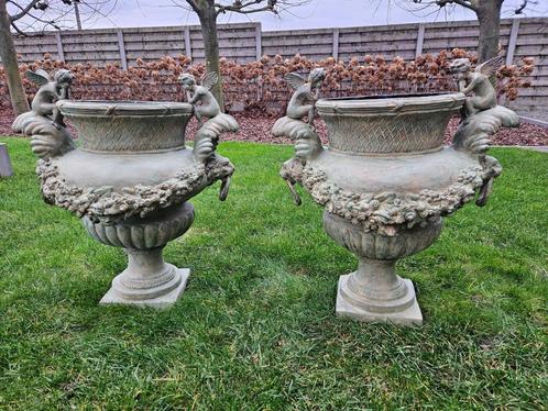 Bronzen zeer mooi koppel tuinvazen met engelen en leeuwenkop, Jardin & Terrasse, Vases de jardin, Neuf, Enlèvement ou Envoi