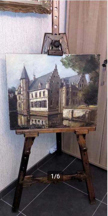 Antieken decoratieve schildersezel + schilderij beschikbaar voor biedingen