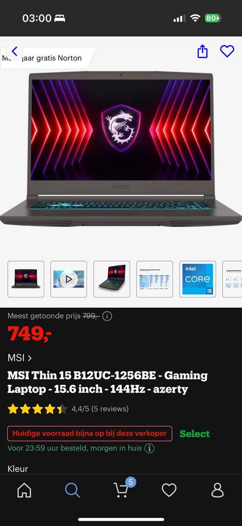 MSI gaming laptop 15thin, Computers en Software, Windows Laptops, Zo goed als nieuw, Ophalen