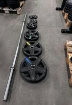 107,5kg Olympische Rubberen Lifemaxx Gewichten + Barbell, Sport en Fitness, Ophalen, Gebruikt, Halterschijven
