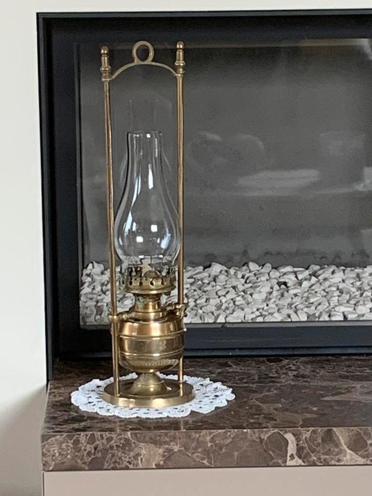 Unieke Vintage koperen kinkée met glas (origineel), Antiek en Kunst, Antiek | Verlichting, Ophalen