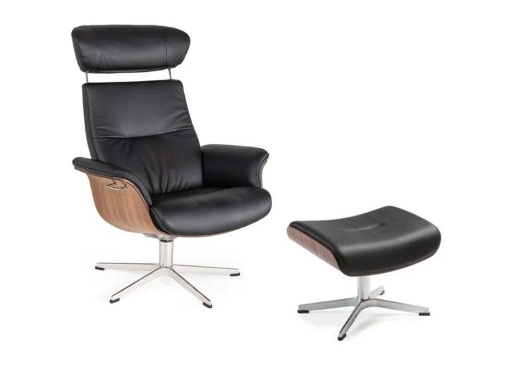 Leder Relaxfauteuil met voetbank TIMEOUT - Walnoot/Zwart, Huis en Inrichting, Fauteuils, Gebruikt, Leer, Ophalen