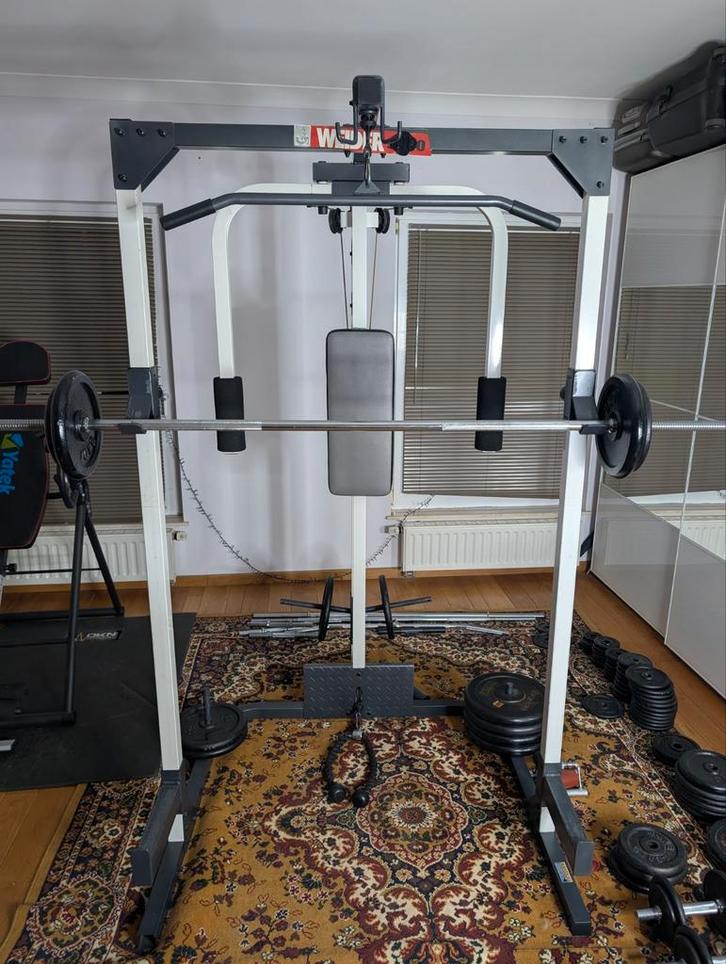 Alles in één krachtmachine (borstspieren, rug, armen), Sport en Fitness, Fitnessapparatuur, Gebruikt, Ligfiets, Armen, Rug, Ophalen