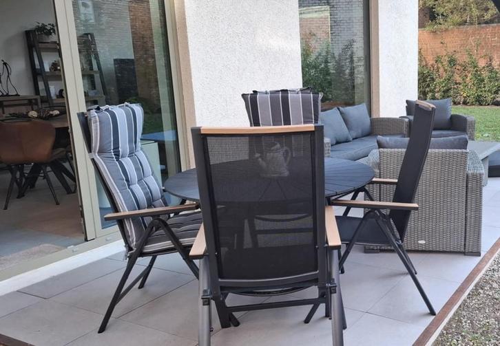 ensemble de jardin, table ronde, 4 chaises inclinables, Jardin & Terrasse, Ensembles de jardin, Comme neuf, Salons de jardin, 4 places