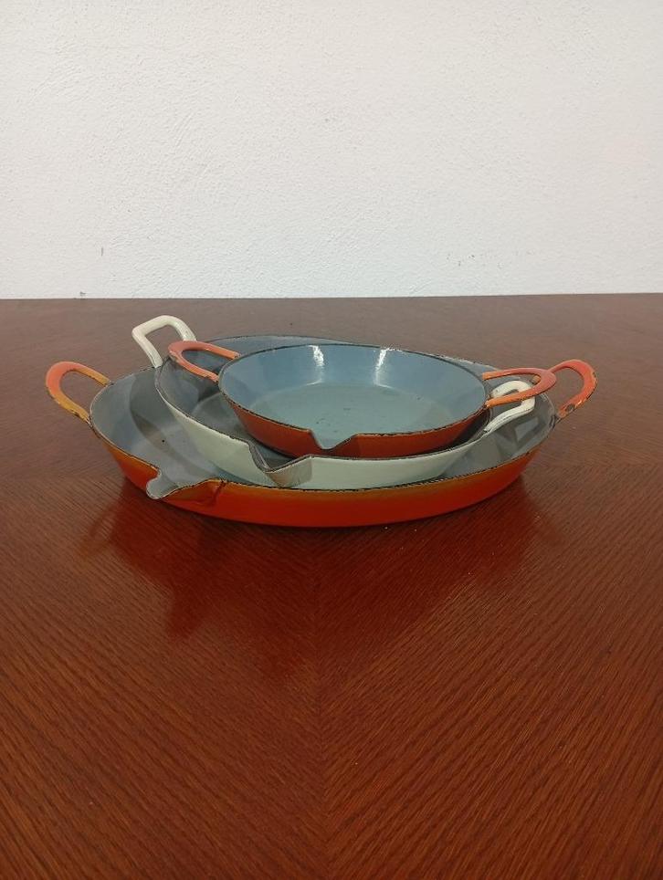 3 Vintage gietijzeren ovenschalen – vispannetjes, Huis en Inrichting, Keuken | Potten en Pannen, Gebruikt, Koekenpan of Braadpan