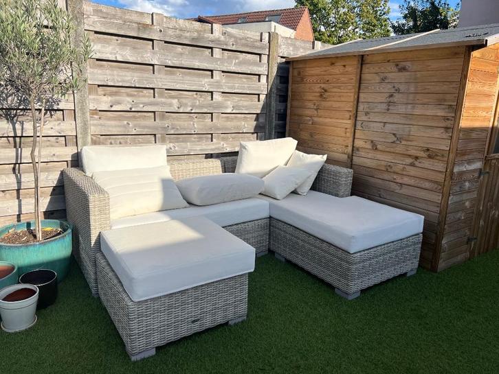 Loungeset LIFE, Tuin en Terras, Tuinsets en Loungesets, Gebruikt, Loungeset, Rotan, 4 zitplaatsen, Bank, Hocker, Ophalen