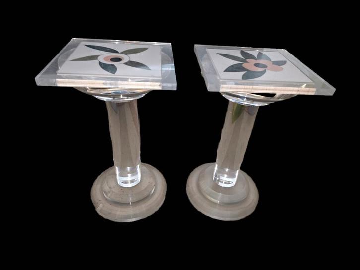 Set van 2 vintage design zuiltafeltjes – plexiglas & natuurs, Antiek en Kunst, Kunst | Overige Kunst, Ophalen