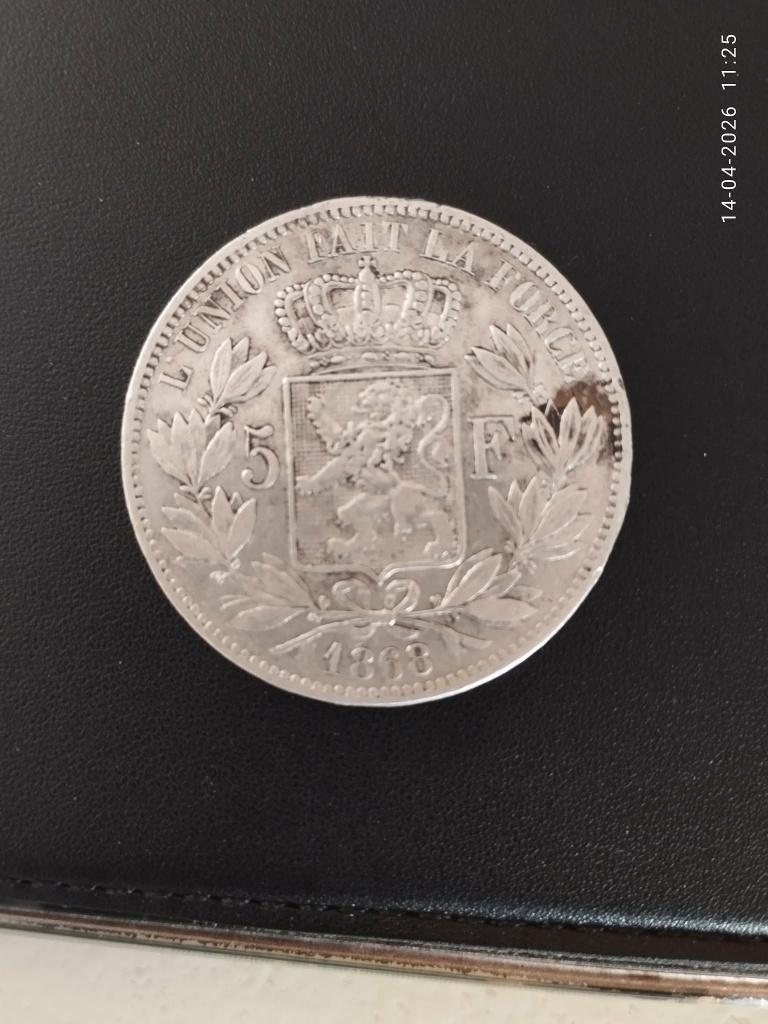 België. Leopold II. 5 Francs 1868, Postzegels en Munten, Munten | België, Zilver, Ophalen of Verzenden, Losse munt, Zilver